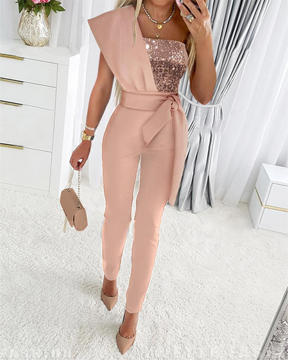 Danique – Glitter jumpsuit met asymmetrische schouder voor dames