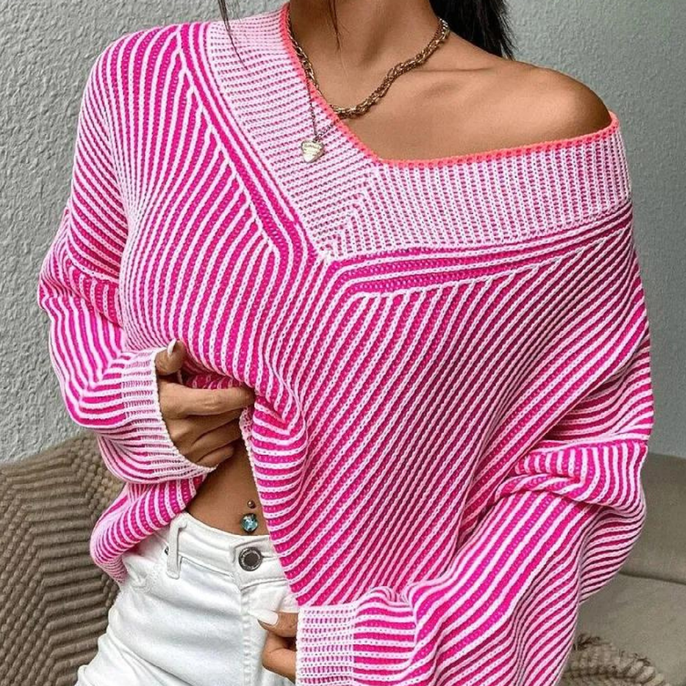 Wrenna - Gestreepte gebreide off-shoulder trui voor dames