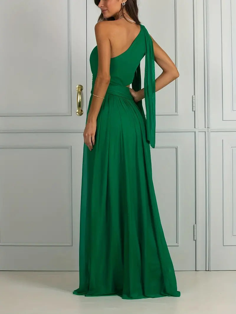 Famke - Asymmetrische geplooide maxi avondjurk groen one shoulder