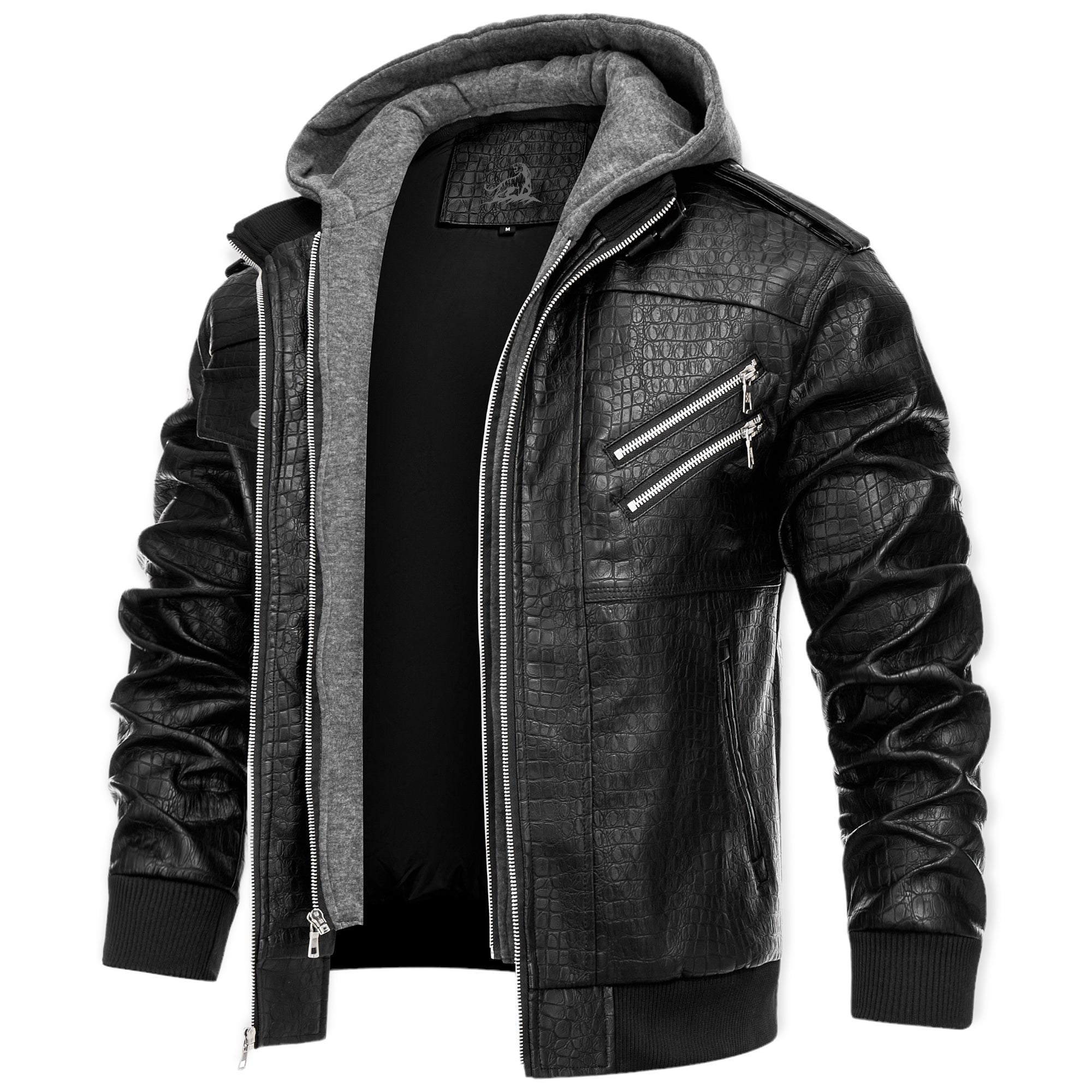 Leren bomber-bikerjack met rits en capuchon Leren bomber-bikerjack met rits en capuchon