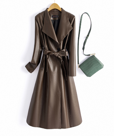 Raven Leathers - Lange lederen trenchcoat hoge kraag dames