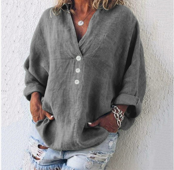 Queency - Oversized dames blouse met diepe knoopsluiting en lange mouwen