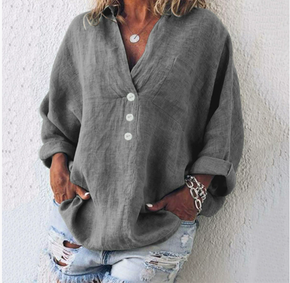 Queency - Oversized dames blouse met diepe knoopsluiting en lange mouwen