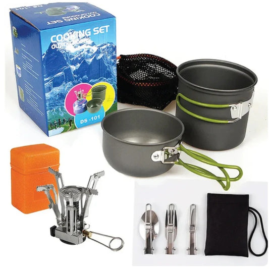 Draagbare kampeer-survival kookset DS‑101 + minibrander+ Driedelig Bestek