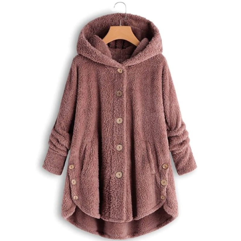 Jaelyn - Knoopsluiting fleece jas met capuchon en voorzakken