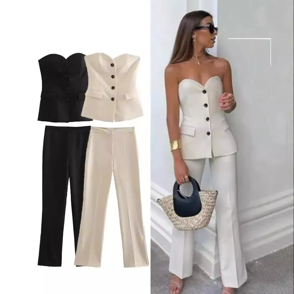 Sonja - Strapless dames set met top en rechte broek
