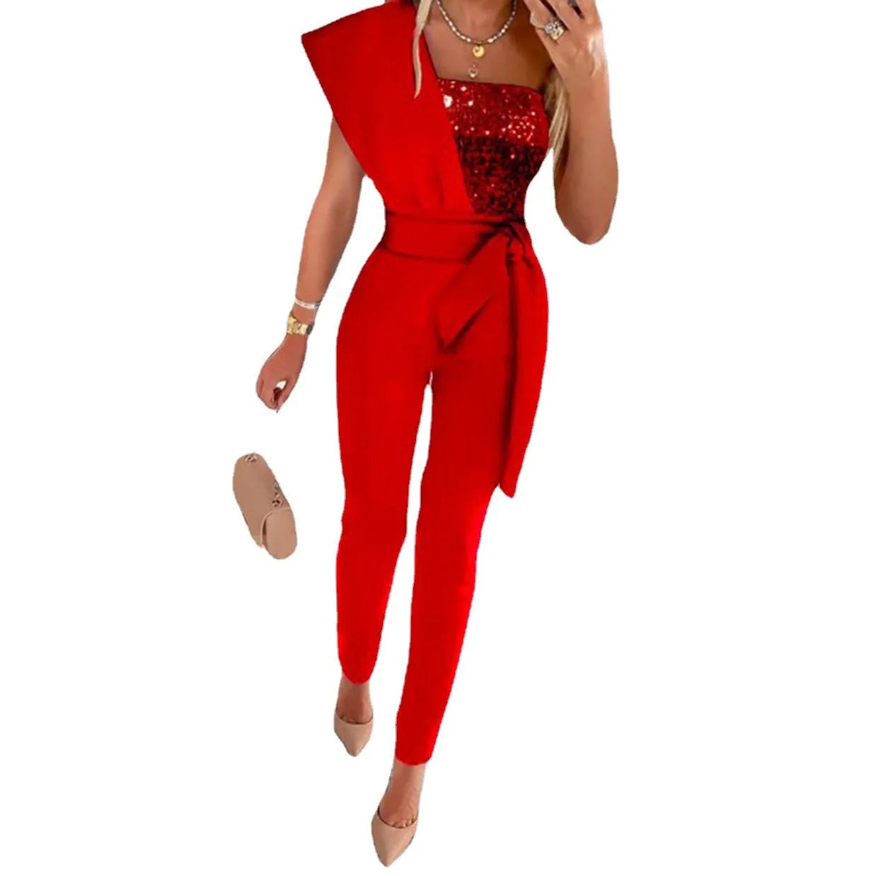 Danique – Glitter jumpsuit met asymmetrische schouder voor dames