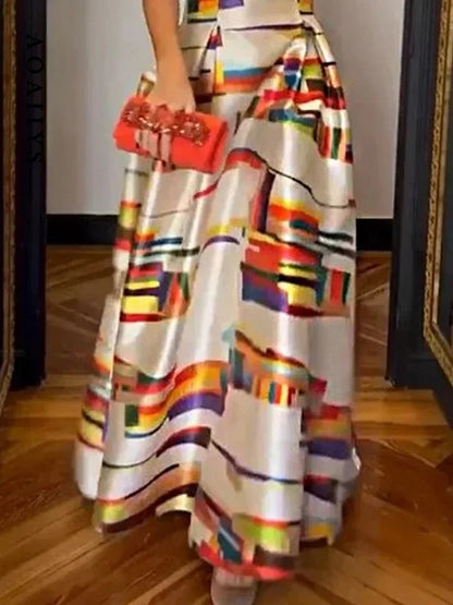 Camelia - Mouwloze dames avondjurk met grafische print en hoge taille