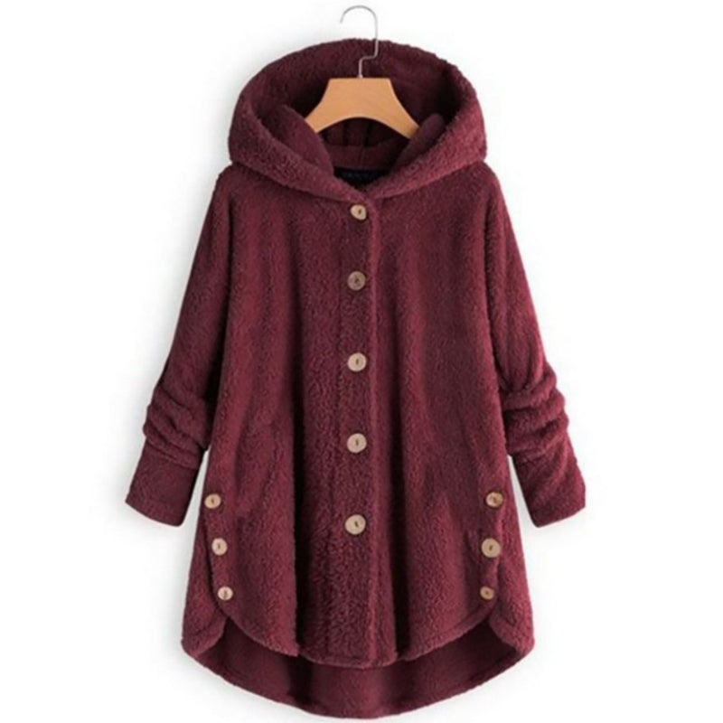 Jaelyn - Knoopsluiting fleece jas met capuchon en voorzakken