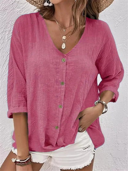 Yamila - Dames blouse met v-hals en knoopsluiting