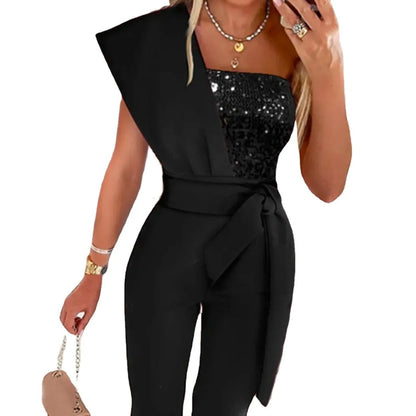 Danique – Glitter jumpsuit met asymmetrische schouder voor dames