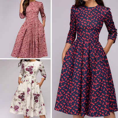 Elaina - Midi-jurk met bloemenprint en zakken voor dames