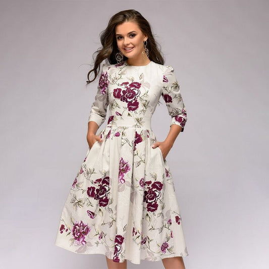 Elaina - Midi-jurk met bloemenprint en zakken voor dames