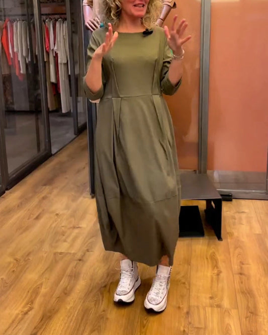 Stefania - Dames midi jurk met geplooide taille en rechte driekwartmouwen