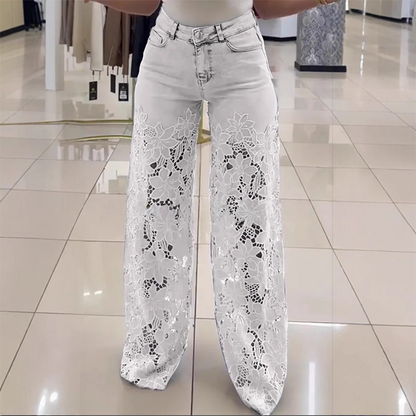 Izabela - Transparante damesjeans met bloemmotief en rechte pijpen