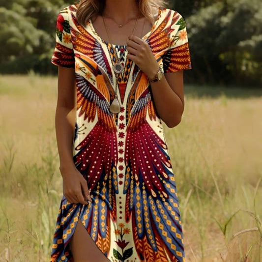 Wiktoria - Zomerse boho jurk met kleurrijke vleugelprint voor dames