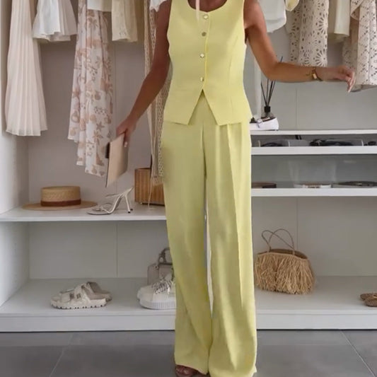 Lana – Mouwloze dames top met bijpassende wijde pantalon