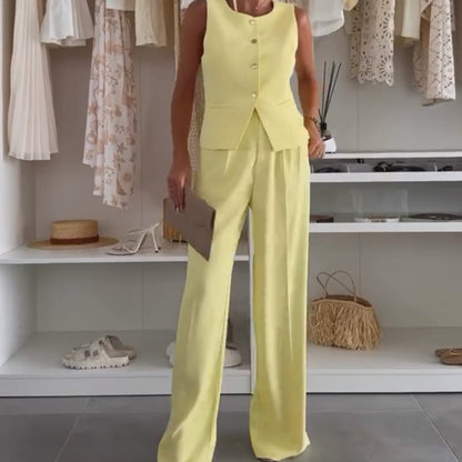 Lana – Mouwloze dames top met bijpassende wijde pantalon