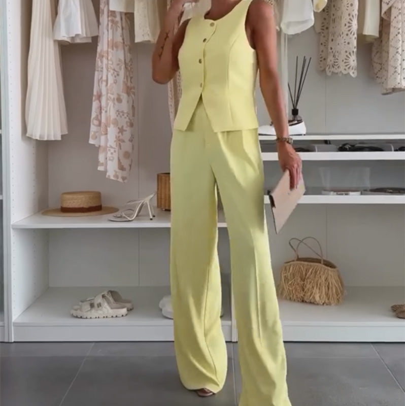 Lana – Mouwloze dames top met bijpassende wijde pantalon