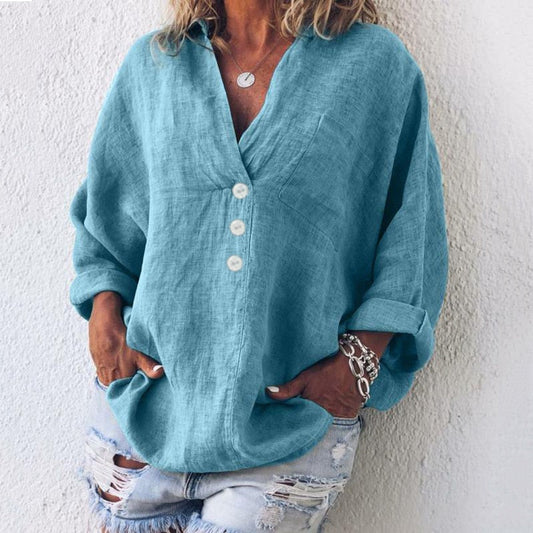 Queency - Oversized dames blouse met diepe knoopsluiting en lange mouwen