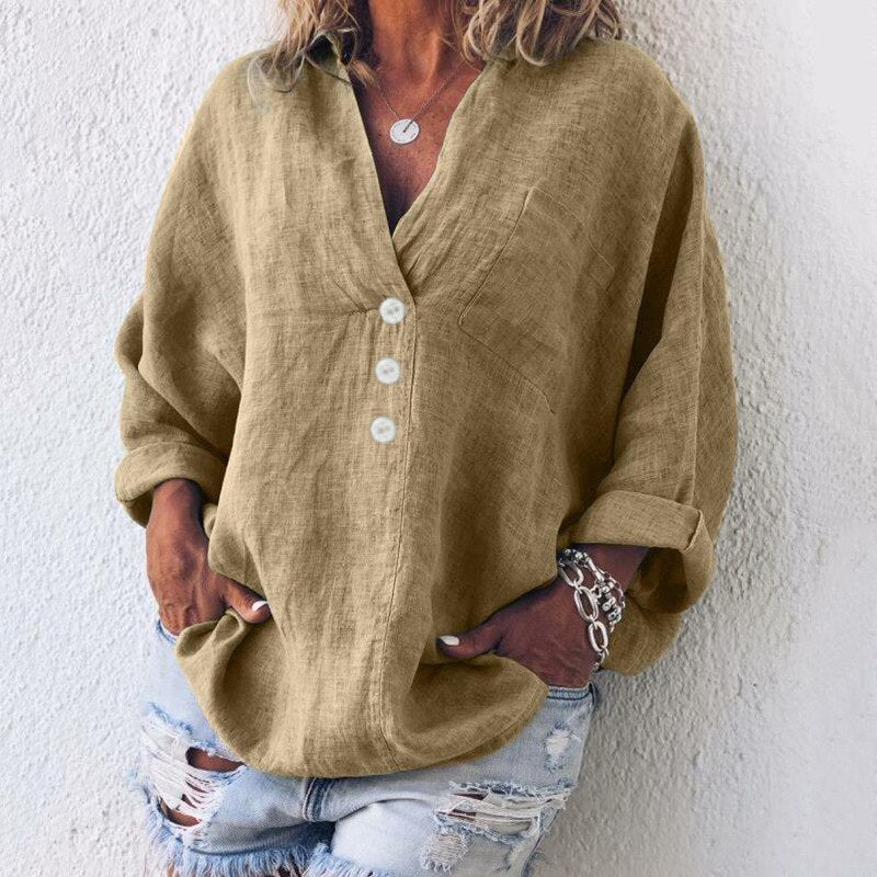 Queency - Oversized dames blouse met diepe knoopsluiting en lange mouwen