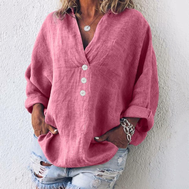 Queency - Oversized dames blouse met diepe knoopsluiting en lange mouwen