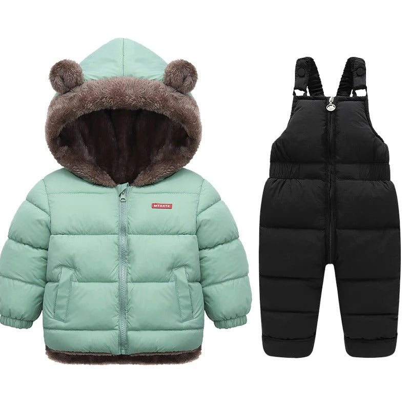 Kinder winterjas + overall met bontkraag en teddybeer oortjes