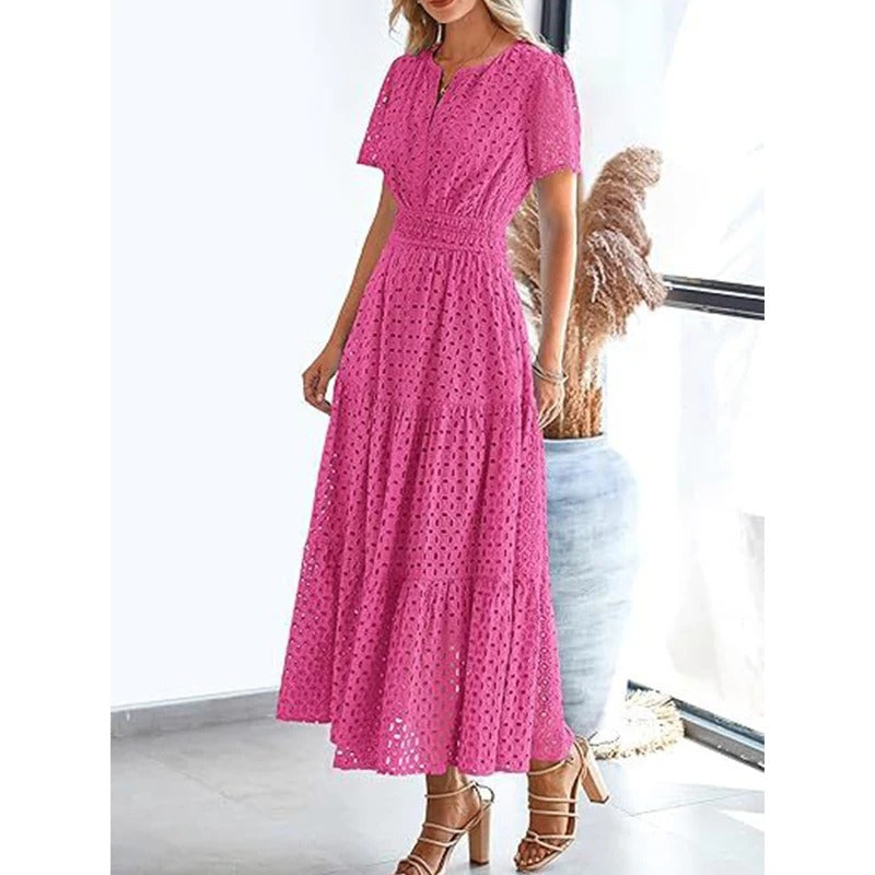 Sabrine - Broderie midi jurk met korte mouwen en split hals voor dames