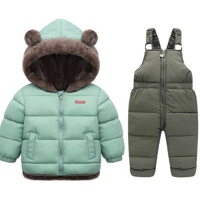 Kinder winterjas + overall met bontkraag en teddybeer oortjes