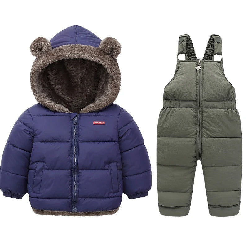 Kinder winterjas + overall met bontkraag en teddybeer oortjes