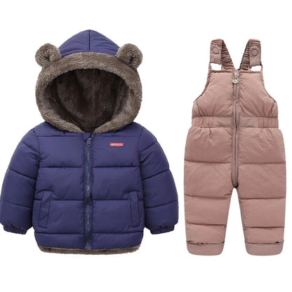 Kinder winterjas + overall met bontkraag en teddybeer oortjes