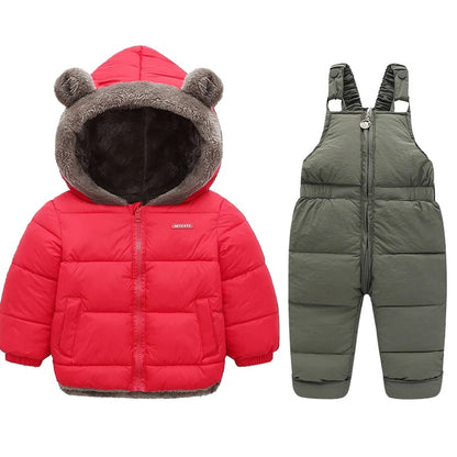 Kinder winterjas + overall met bontkraag en teddybeer oortjes