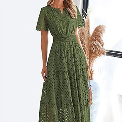 Sabrine - Broderie midi jurk met korte mouwen en split hals voor dames