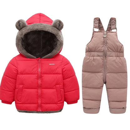 Kinder winterjas + overall met bontkraag en teddybeer oortjes