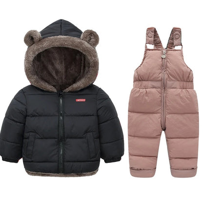 Kinder winterjas + overall met bontkraag en teddybeer oortjes