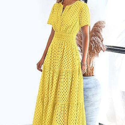 Sabrine - Broderie midi jurk met korte mouwen en split hals voor dames