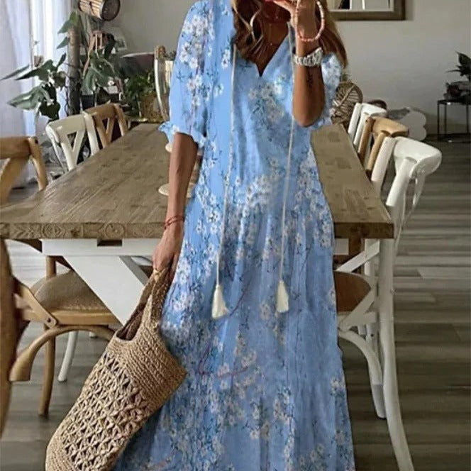 Lilly - Maxi jurk met halve mouwen en bloemen V-hals