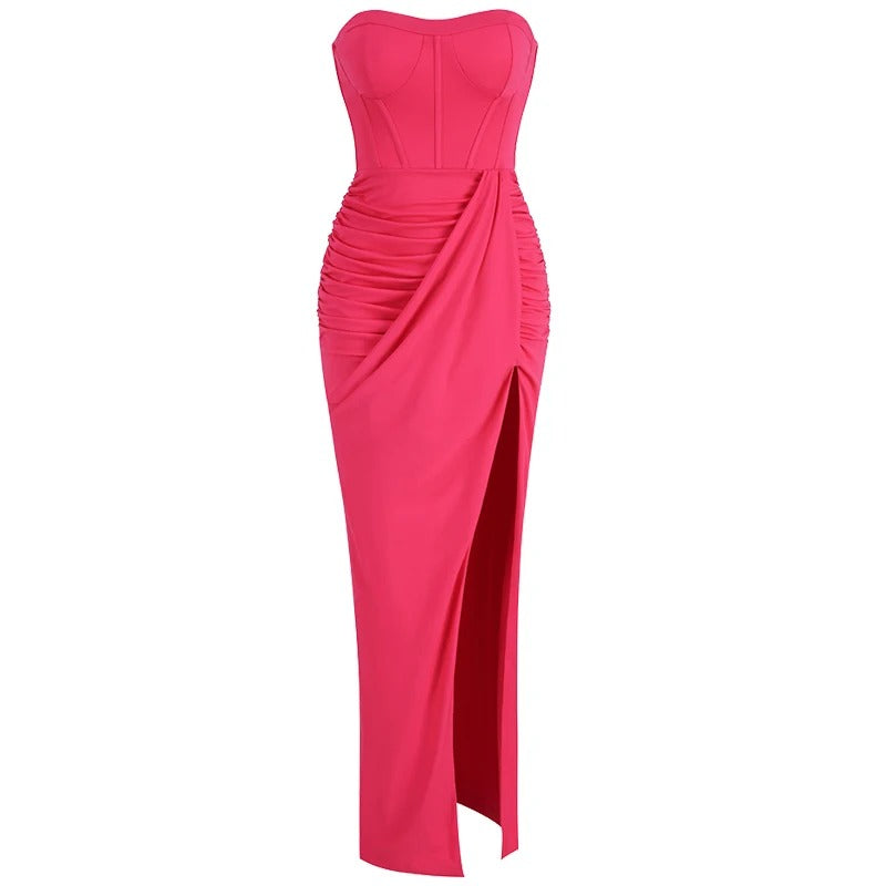 Uitdagende roze maxi off shoulder avondjurk