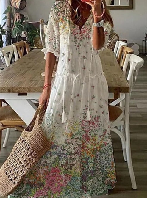 Lilly - Maxi jurk met halve mouwen en bloemen V-hals