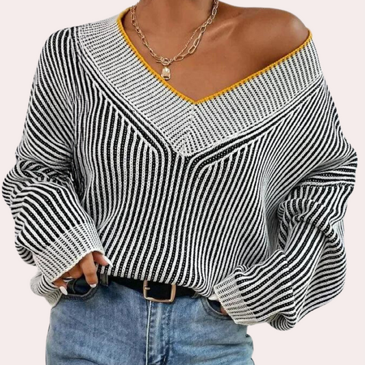 Wrenna - Gestreepte gebreide off-shoulder trui voor dames